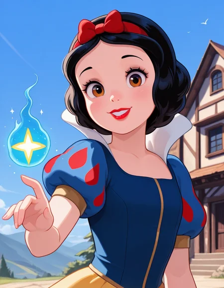 masterpiece, best quality, amazing quality, very aesthetic, absurdres, newest, detailed background, 4k, 8k, outdoors,
snowwhitexd, 1girl, black hair, solo, puffy sleeves, brown eyes, short sleeves, puffy short sleeves, smile, hair bow, bow, red lips, red bow, looking at viewer, hairband, short hair, magic, puff and slash sleeves, red hairband, upper body, web address, parted lips, blue shirt
<lora:Snow_White_-_Disney_Illustrious:1>