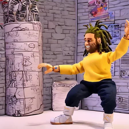 a photo of a cinematic still of rhwrld , dreads in a bumin the style of rbtchkn <lora:riiahworldxl:1> rhwrld <lora:jcoleXL:1> robot chicken, rbtchkn, robot chicken tv show, stop motion