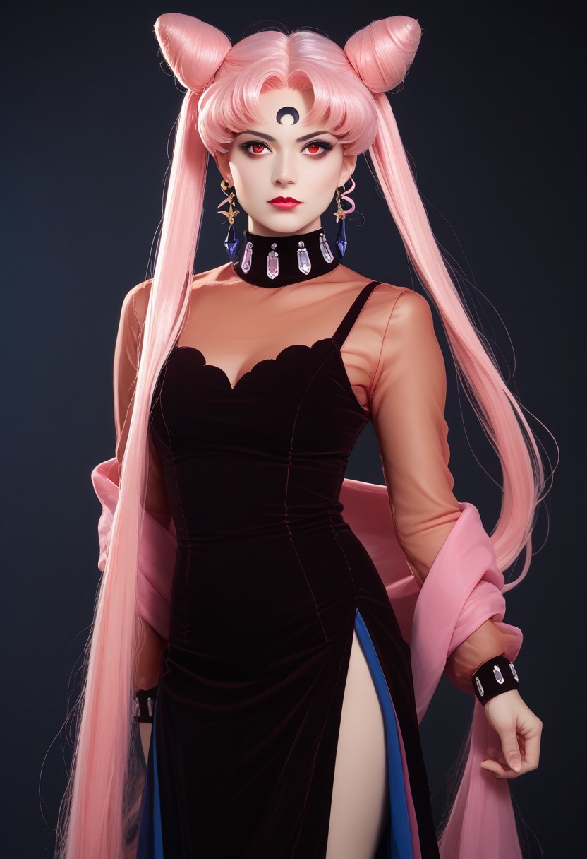 score_9,score_8_up,score_7_up, realistic, masterpiece, best quality, 1girl, black lady, 1girl, solo, long hair, red eyes, dress, twintails, jewelry, very long hair, pink hair, earrings, hair bun, see-through, double bun, makeup, facial mark, lipstick, crescent, side slit, aged up, forehead mark, cone hair bun, crescent facial mark, crystal earrings