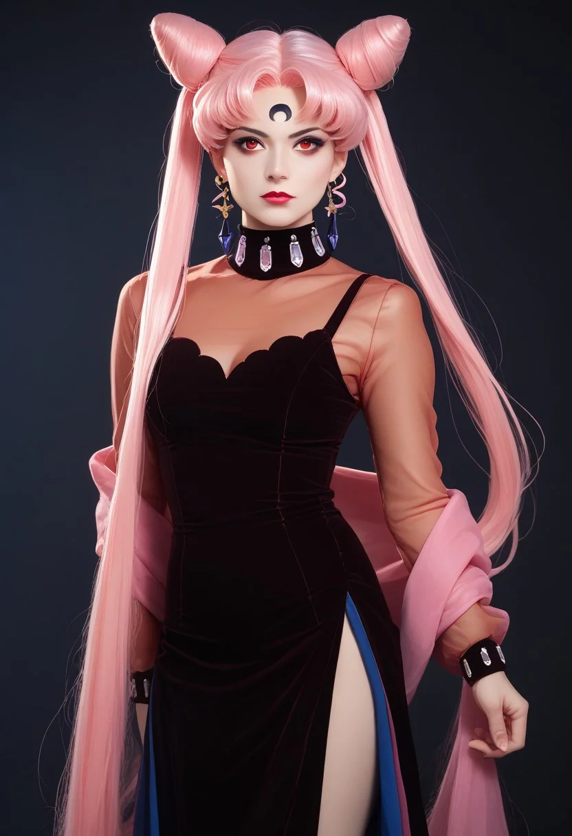 score_9,score_8_up,score_7_up, realistic, masterpiece, best quality, 1girl, black lady, 1girl, solo, long hair, red eyes, dress, twintails, jewelry, very long hair, pink hair, earrings, hair bun, see-through, double bun, makeup, facial mark, lipstick, crescent, side slit, aged up, forehead mark, cone hair bun, crescent facial mark, crystal earrings