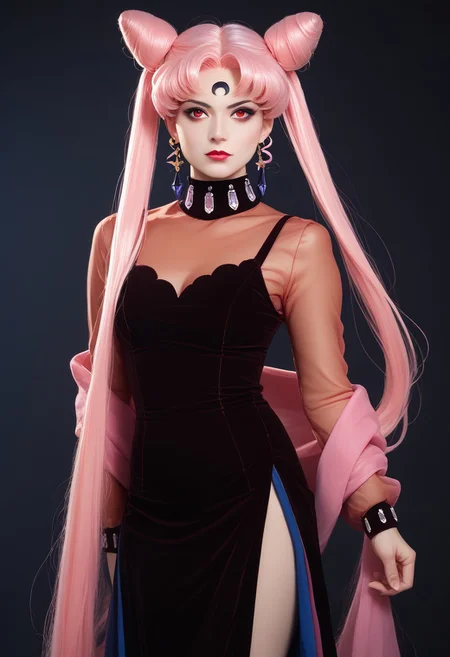 score_9,score_8_up,score_7_up, realistic, masterpiece, best quality, 1girl, black lady, 1girl, solo, long hair, red eyes, dress, twintails, jewelry, very long hair, pink hair, earrings, hair bun, see-through, double bun, makeup, facial mark, lipstick, crescent, side slit, aged up, forehead mark, cone hair bun, crescent facial mark, crystal earrings