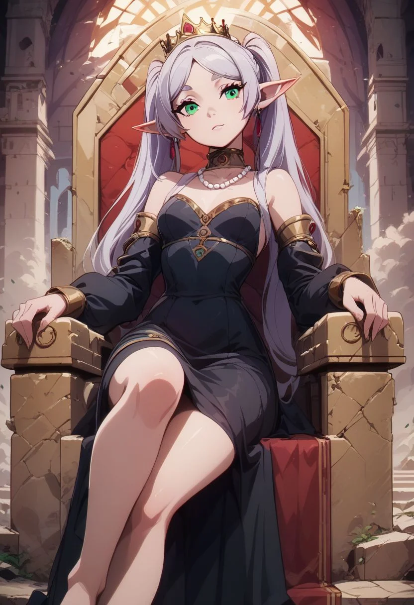 score_9, score_8_up, score_8, medium breasts, (curvy), cute, eyelashes,  rating_safe,
BREAK, 
zzFrieren, long hair, twintails, green eyes, grey hair, pointy ears, elf, black dress, 
BREAK, 
head tilt, sitting on throne, huge throne, oversized throne, ruins, 
abandoned castle, crown, pearl necklace, 
zPDXL,