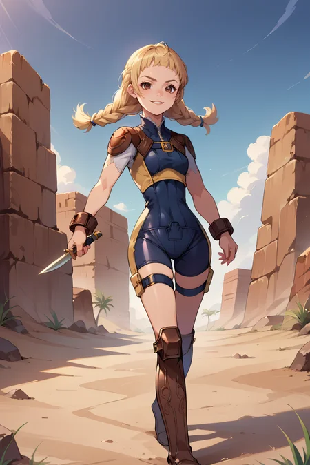 score_9, score_8_up, score_7_up, score_6_up, source_anime, BREAK 1girl, solo, <lora:penelo-pdxl-nvwls-v1-000005:1> defPenelo, blonde hair, brown eyes, twin braids, bodysuit, shoulder pads, brown boots, bracelets, holding dagger, desert, smirk, walking, thigh strap