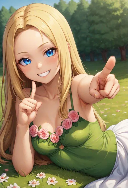 1girl,long hair,blonde hair,forehead, blue eyes , curvy, tiny body, petite girl, cute, laying, (Pointing Finger At Viewer), grin, flower dress