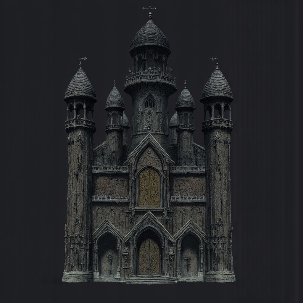 A Medieval castle with elderscrolls inspired aestetics and legend of zelda
Set against a solid dark black color background to emphasize its unsettling unnatural form that emphasizes its silhouette. The medium is not a traditional painting or illustrative medium like watercolor or ink but rather a digital 3D rendering.
MikeFranchinastyle, d4artstyle, d4concept, , bbstyle,, horror theme,, zbrush, ZBClay model of a gray sculpture, 1990's, 1990's style