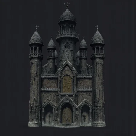 A Medieval castle with elderscrolls inspired aestetics and legend of zelda
Set against a solid dark black color background to emphasize its unsettling unnatural form that emphasizes its silhouette. The medium is not a traditional painting or illustrative medium like watercolor or ink but rather a digital 3D rendering.
MikeFranchinastyle, d4artstyle, d4concept, , bbstyle,, horror theme,, zbrush, ZBClay model of a gray sculpture, 1990's, 1990's style