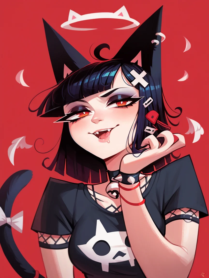 score_9, score_8_up, score_7_up, score_6_up, score_5_up, <lora:4nd43rzXLP:0.8> 4nd43rz, 1girl, cat ears, cat tail, goth, red background