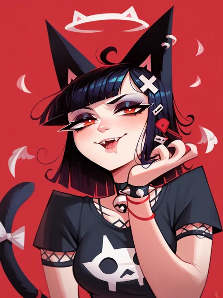 score_9, score_8_up, score_7_up, score_6_up, score_5_up, <lora:4nd43rzXLP:0.8> 4nd43rz, 1girl, cat ears, cat tail, goth, red background