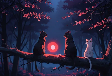 A monochromatic, black-and-white photograph of two cats sitting on a tree branch, facing each other in an intimate and harmonious pose. The left cat is black, while the right cat is white, creating a striking contrast. They are surrounded by delicate, blooming branches with small flowers, adding a serene and romantic atmosphere. The background is softly blurred, focusing the viewer's attention on the cats and their interaction. The lighting is soft, emphasizing the texture of their fur and the gentle ambiance of the scene.
<lora:Anime v1.3:1.2> <lora:Blue_Future:0.9> <lora:Ethereal Brush Anime v2.0:0.6> <lora:It's a LoRA for portraits, BUT! actually specialized in backgrounds. v1.0:0.2>
,red sphere on background