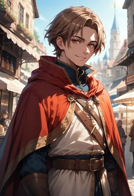 score_8_up, score_7_up, masterpiece, cinematic lighting,
Feudal , 1man, light brown hair, short hair, brown eyes, slant eyes, standing, smile, upper body , cape, medieval outfits, , belt, outdoors, market square, blue sky, , Soft shadows , depth of field, lens flare,