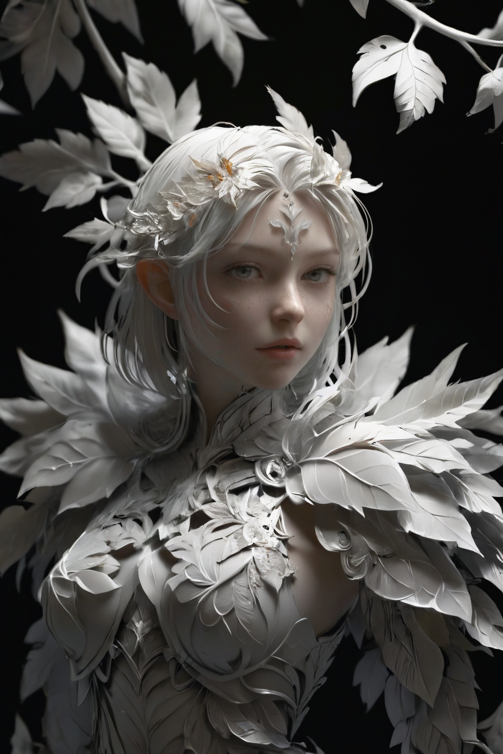 <lora:3DPrintingXL:1>,
masterpiece,(best quality),
official art,extremely detailed cg 8k wallpaper,
((crystalstexture skin)),(extremely delicate and beautiful),highly detailed,
WhiteMold, art style, 3d printed mold, black background, simple background, leaf, solo, armor, no humans, flower, 1girl, upper body