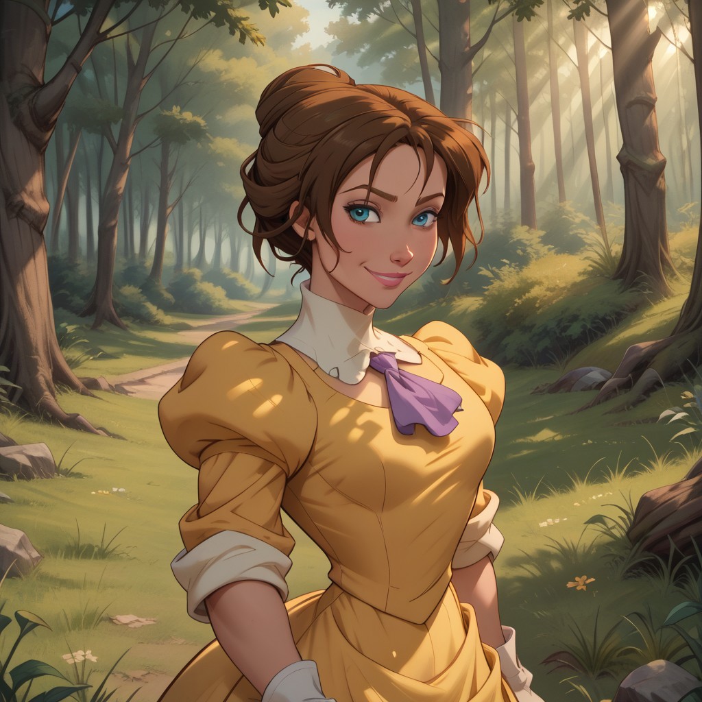 score_9, score_8, BREAK, solo, Jane Porter, 1girl, brown hair, blue eyes, short hair, single hair bun, yellow victorian style dress, puffy sleeves, white gloves, purple cravat, makeup, pink lips, sexy pose, self portrait, smile, outdoors, sunlight, shadows, evening lighting, natural lighting, forest, trees, grass, orange sky, sunset