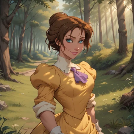 score_9, score_8, BREAK, solo, Jane Porter, 1girl, brown hair, blue eyes, short hair, single hair bun, yellow victorian style dress, puffy sleeves, white gloves, purple cravat, makeup, pink lips, sexy pose, self portrait, smile, outdoors, sunlight, shadows, evening lighting, natural lighting, forest, trees, grass, orange sky, sunset