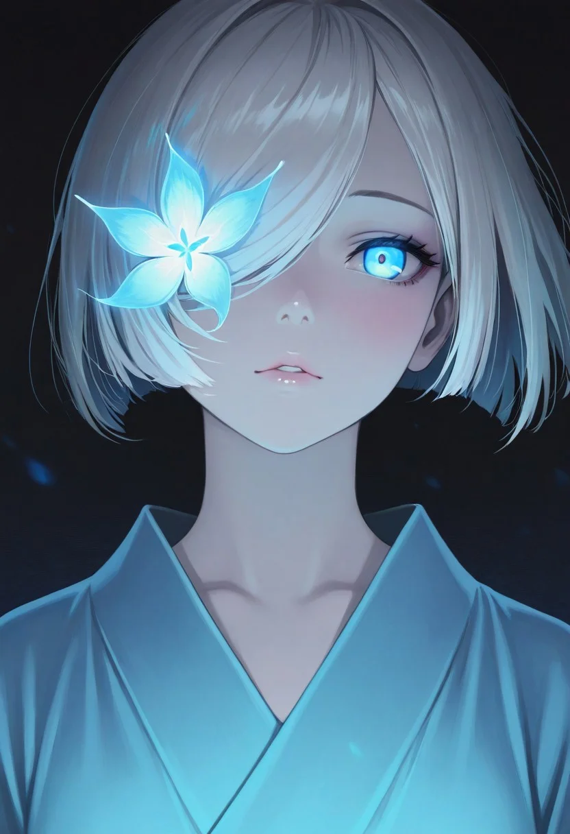 masterpiece,best quality,amazing quality, anime,
1girl, solo, A close-up of a serene anime girl with pale skin, colored skin, (white skin:1.3, long glossy white hair with bangs, long white hair, hair combed over one eye, glowing blue eyes with a hypnotic effect, soft warm lighting, wearing a light blue kimono, mysterious and cozy atmosphere, detailed hair texture, cinematic lighting, dark background, ultra-detailed, 8k resolution