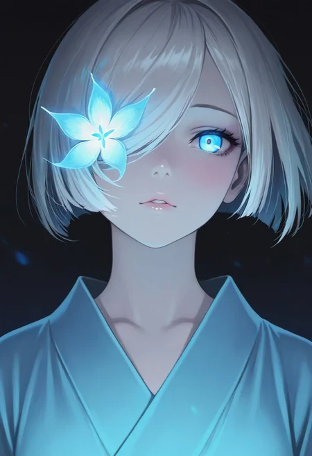 masterpiece,best quality,amazing quality, anime,
1girl, solo, A close-up of a serene anime girl with pale skin, colored skin, (white skin:1.3, long glossy white hair with bangs, long white hair, hair combed over one eye, glowing blue eyes with a hypnotic effect, soft warm lighting, wearing a light blue kimono, mysterious and cozy atmosphere, detailed hair texture, cinematic lighting, dark background, ultra-detailed, 8k resolution