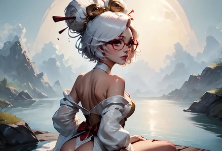 score_9, score_8_up, score_7_up, pinup girl pose, Expressiveh, volumetric lighting, mood lighting, cinematic lighting, dark cinematography, semi-realistic, view from behind, focus on ass, white hair, red-framed eyewear, fully-clothed, hair ornament, purah, sweaty, wet and shiny skin, arched back, hyper-realistic wet skin, kneeling, in lake, action lines
BREAK, very high angle