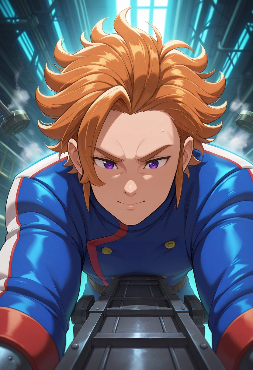 masterpiece, best quality, intricate details, (photorealistic:0.6), , 1boy, solo, male focus, <lora:arthur_pendragon_ilxl:0.92>, arthur_pendragon, orange hair, purple eyes, short hair, industrial revolution, smoky factories, iron machinery, bustling workers, laboring pose, focused expression, steam-powered glow,