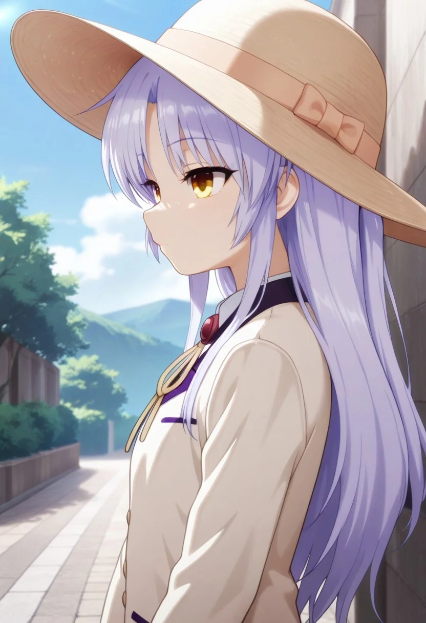 masterpiece,best quality,amazing quality, tachibana kanade, white hair, long hair, yellow eyes, 1girl, hat, solo, jacket, school uniform, outdoors, blazer, from side, sun hat, day, long sleeves, white jacket