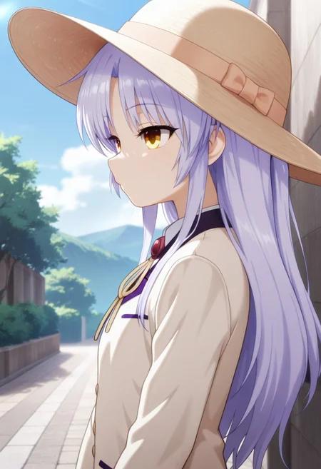 masterpiece,best quality,amazing quality, tachibana kanade, white hair, long hair, yellow eyes, 1girl, hat, solo, jacket, school uniform, outdoors, blazer, from side, sun hat, day, long sleeves, white jacket