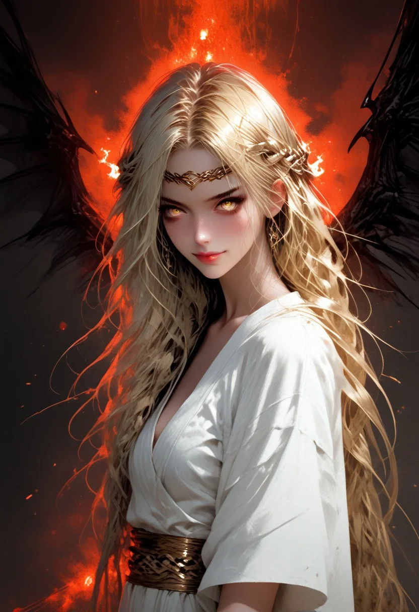 score_9, score_8_up, score_8, score_7_up, score_6_up, score_5_up, score_4_up, Expressiveh, 1girl, miquella, (gorgeous demon wings:1.2), solo, perfect face, sharp ears, red skin:1.2, demoness, super idol face, blonde hair,crown braid,multiple braids,yellow eyes, staring at viewer, extremely beautiful, very aesthetic, massive pitch black star in the sky, white robe, (blood on robe, tainted robe, corrupted, gloomy, ascending up to a massive pitch black eldritch star):1.2, gold armlet,circlet, sweet smile, ascension, flying up, fire eruption in background, brimstone in background, lava in background, soaring in the sky, ominous glowing eyes, head tilting back, monochromemuse, monochrome, greyscale, bloody robe, red splatter on robe, perfecteyes