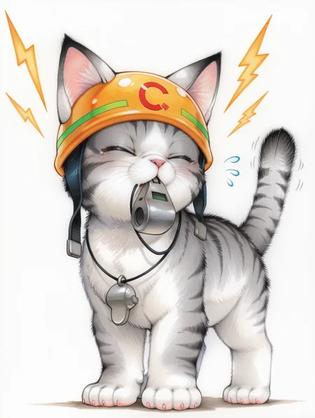 rescue cat,blowing whistle,animal focus,traditional media,closed eyes,white background,simple background,lightning bolt symbol,solo,full body,flying sweatdrops,painting,mouth hold,
masterpiece,best quality,amazing quality,very aesthetic,absurdres,newest,<lora:Fairy Tail snow illuXL v1.1:0.77>,