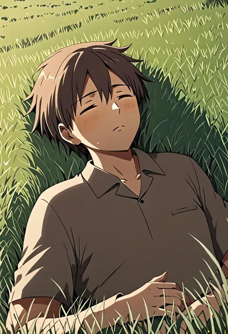 high resolution, solo, best quality, 1Boy, Takaki Toono, Brownish Hair, Brown Eyes, sleep, nap, grass, meadow hills, wind breeze, OverallDetail