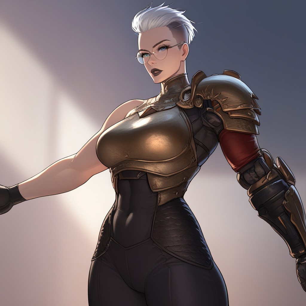 masterpiece,best quality, highly detailed, (tall female:1.2), cowboy shot, score_9, score_8_up, score_7_up, Expressiveh, girl, ((short white hair, undercut, slicked back hair)), dynamic pose, side light, blue eyes, (black lips), ((left mechanical arm)), (beautiful body:1.5), (athletic body:1.5), (beautiful breasts:1.5), physically fit, slender build, tomboy, wide hips, toned female, thick lips, ((scale armor)), steel gauntlet, single shoulder armor, single bare shoulder, black pants, round glasses, unique angle, unique perspective, dramatic angle, tavern background, Rim light,