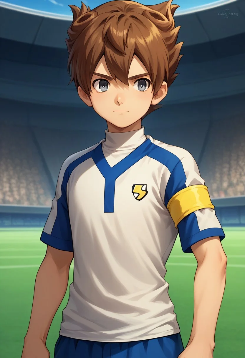 score_9, score_8_up, score_7_up, source_anime, highly detailed,
tenma, 1boy, male focus, solo, brown hair, grey eyes, sportwear, soccer uniform, turtle neck, galaxy soccer uniform, armband, yellow armband,
outdoor,
