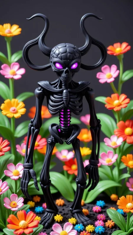 <lora:flux-licoricestyle.safetensors:1> made out of  Licorice
A fantastical, skeletal creature stands amidst a vibrant, stylized floral landscape. The creature's dark, rocky textures and glowing purple veins create an unsettling yet enchanting presence. The flowers surrounding it are exaggerated and vividly colored, while soft illumination highlights the textures of both the creature and flora. The digital artwork blends fantasy with horror elements, retaining an enchanting quality due to its detailed and vibrant depiction.