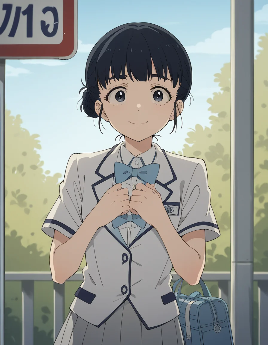 score_9, score_8_up, score_7_up, source_anime, <lora:tiara-basori-s1-ponyxl-lora-nochekaiser:1>, tiara basori, bangs, black hair, hair bun, black eyes, single hair bun,, skirt, shirt, bow, school uniform, white shirt, short sleeves, grey skirt, pleated skirt, bowtie, blue bowtie, blue bow, blazer,, bus stop, waiting, commuter, smartphone, checking time, cold morning, smile, , hands on own chest,, solo,, cowboy shot, dutch angle