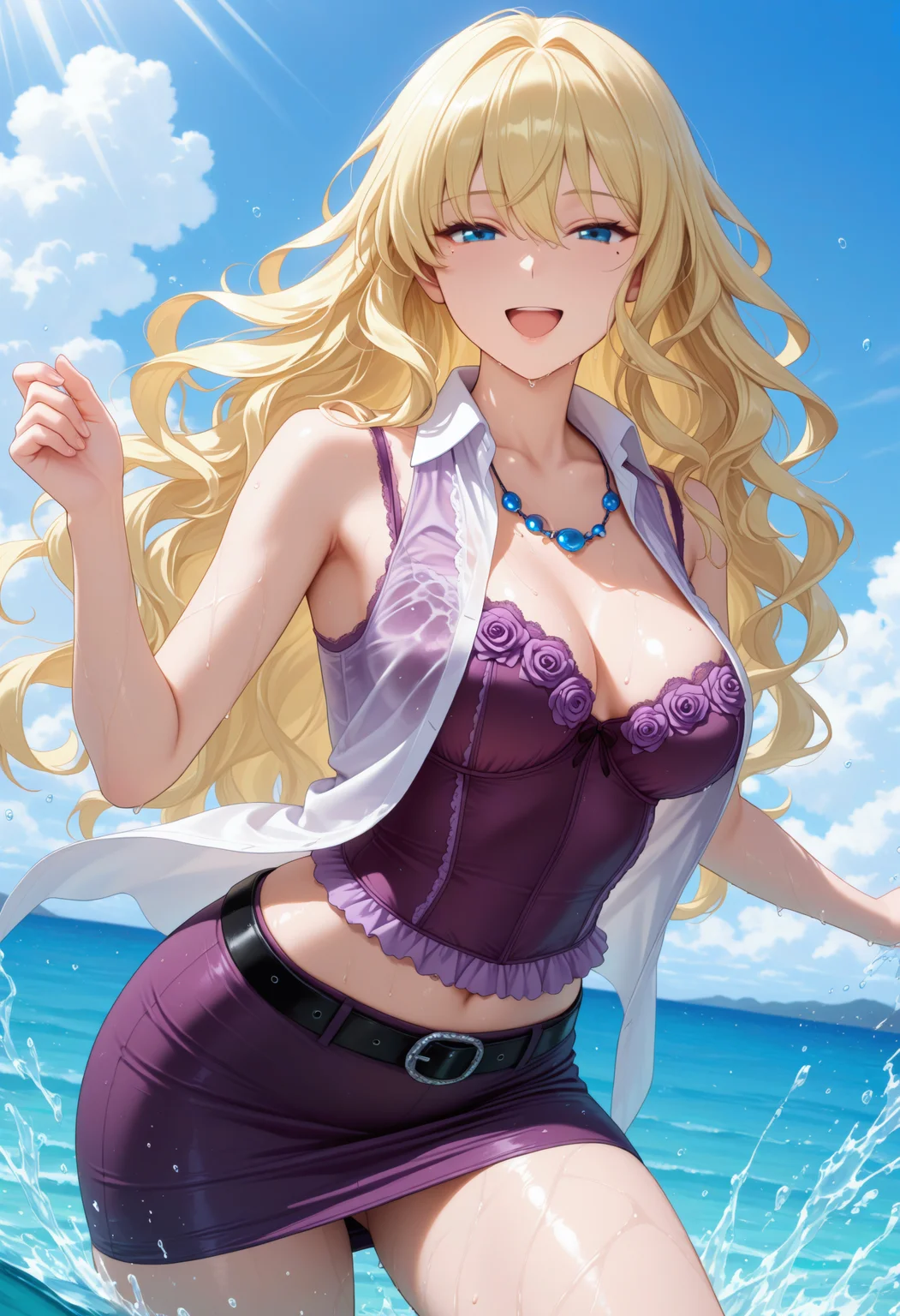 solo, 1girl, <lora:Char_JB_HaruderaYuria:1>, blue eyes, blonde hair, long hair, wavy hair, hair between eyes, mole under eye, purple bustier, floral print, collared shirt, sleeveless shirt, necklace, belt, pencil skirt,
outdoors, ocean, sunbeam, wet, smile, splashing, playing, looking at viewer, facing viewer, open mouth, very awa, masterpiece, best quality, highres, absurdres