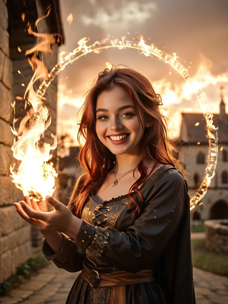 score_9, score_8_up, score_7_up, source_photo, (realistic:1.4), photorealistic, fantasy, medieval, firmagmb, fire, burning, burning hair, fire circle, 1girl, solo, witch, red hair, laughing, sunrise, perfect face, detailled eyes, godrays, <lora:GodRays:1>, <lora:FantasyFireMagic:1>