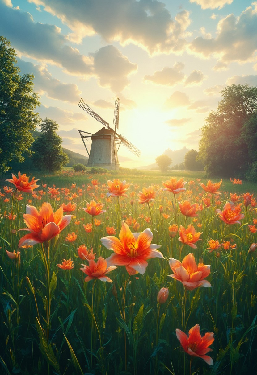 detailed background, from above,( Calm spring morning landscape), beautiful view, Flower Field, lily flower in full bloom, lily flower, early morning, sunrise sky, beautiful clouds, dappled sunlight, 
I can see a windmill in the distance, 
depth of field, masterpiece, best quality, ultra-detailed, very aesthetic, illustration, perfect composition, intricate details, absurdres, moody lighting, wisps of light, no humans,
