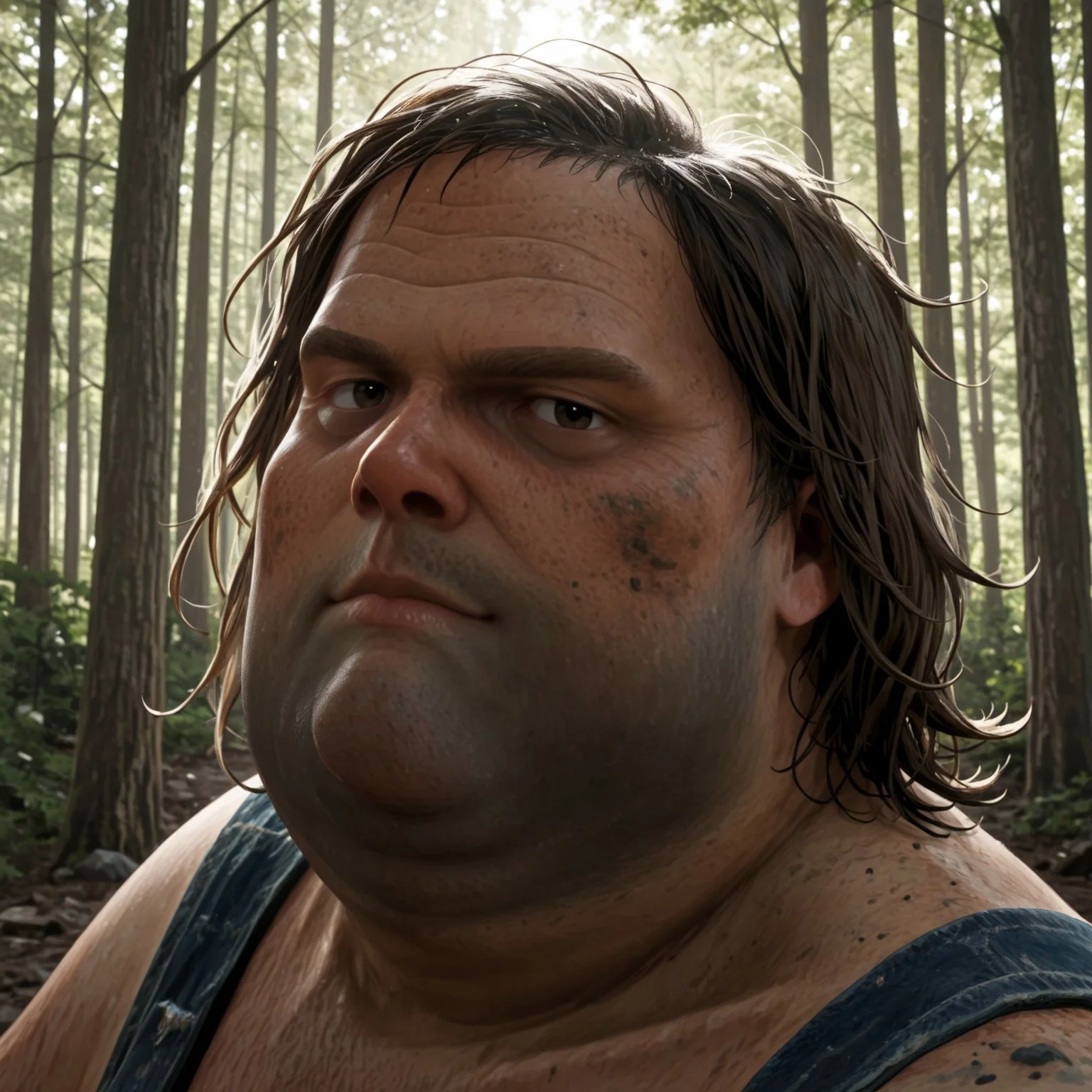 looking at viewer, leg hair, stubble, 1boy, portrait, short hair, solo, denim, fat man, brown hair, dirty, Bray Aberdeen, 1boy, messy brown hair, forest, campsite, 1900s, old us western, masterpiece, best quality, absurdres, newest, perfect quality, detailed background, intricate details, great lighting, ugly, dirty,