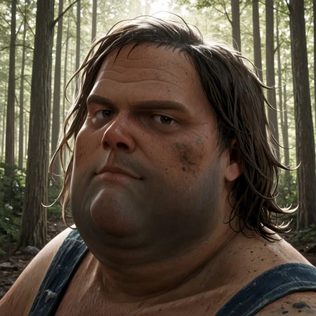 looking at viewer, leg hair, stubble, 1boy, portrait, short hair, solo, denim, fat man, brown hair, dirty, Bray Aberdeen, 1boy, messy brown hair, forest, campsite, 1900s, old us western, masterpiece, best quality, absurdres, newest, perfect quality, detailed background, intricate details, great lighting, ugly, dirty,
