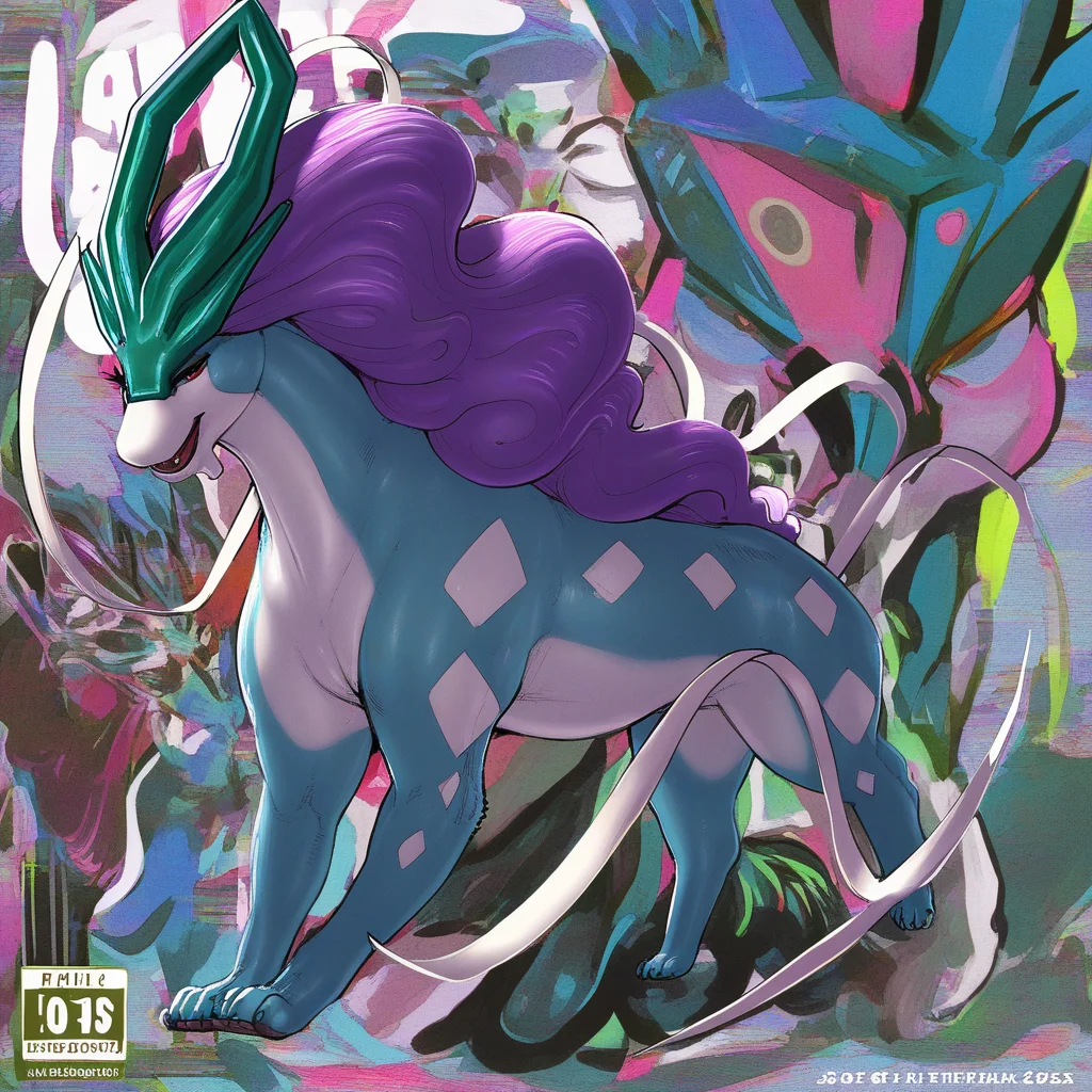 by meesh,by taran fiddler,by dimwitdog,by jujunaught,by dmitrys,by fellatrix,(by sligarthetiger:1),(by krekk0v:1),very awa,masterpiece,best quality,newest,absurdres,highres,safe,soft shading,colorful,(((vhs cover artwork, ((graphic design))), cover art, high contrast)),
feral,perspective,(suicune:1.2),Pokemon,suicune,feral suicune,blue body,purple hair,<lora:suicune-noob:1>,