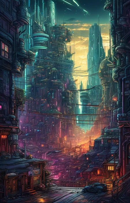 masterpiece,best quality,<lora:tbh160-sdxl:0.9>,illustration,style of Dan Mumford cyberpunk city
