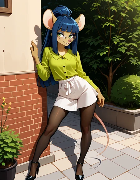 masterpiece, best quality, very aesthetic, absurdres,
outdoors,casual,
full body, standing, posing,
seductive smile, parted lips, long eyelashes,
<lora:Dewey_Teagarden_v01_NAIXL:1>
D3w3y,1girl,solo,furry,furry female,mouse girl,mouse ears,long hair,blue hair,high ponytail,sidelocks,blunt bangs,green eyes,semi-rimless eyewear,snout,animal nose,body fur,yellow fur,mouse tail,