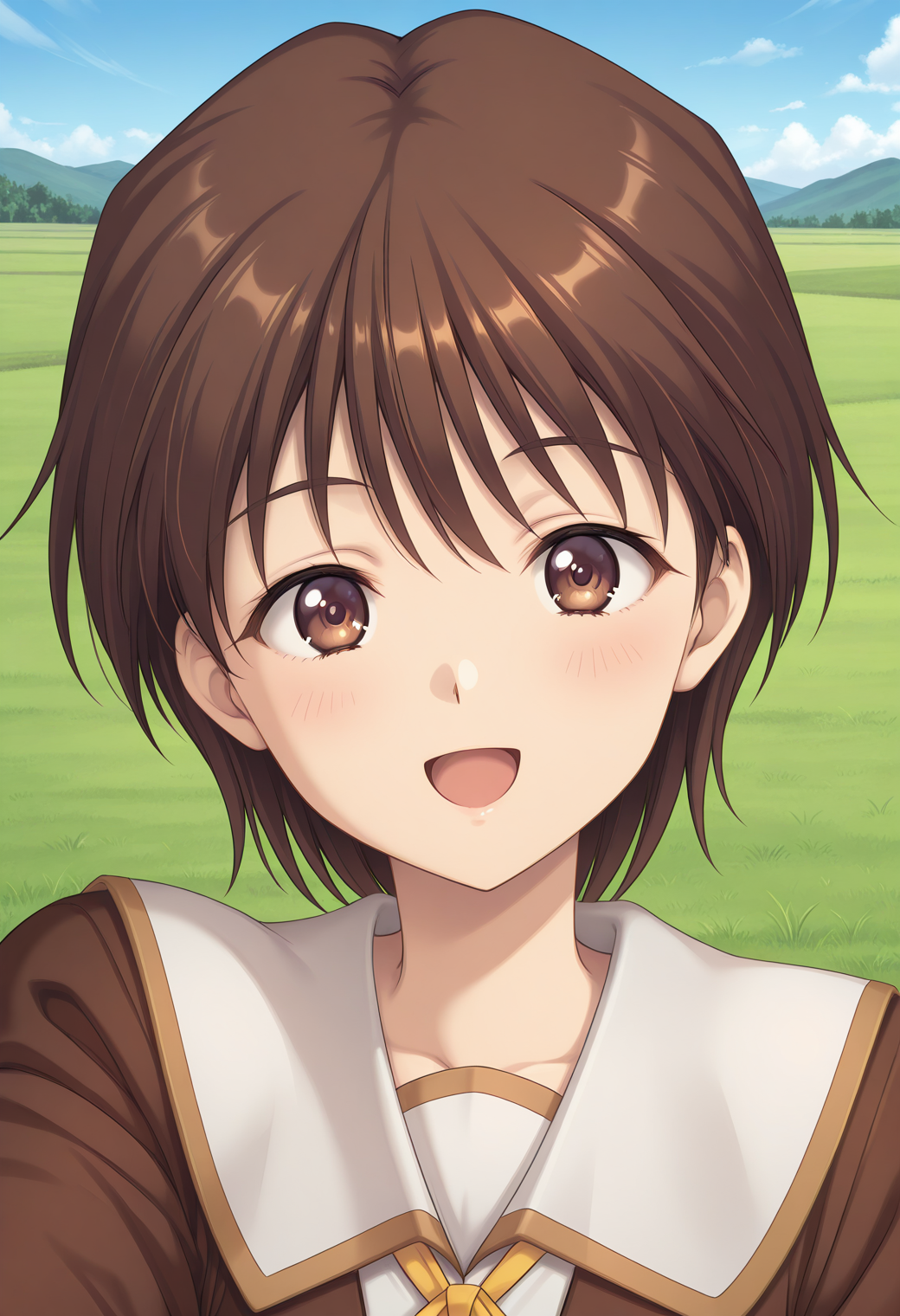 kuon_shiori, brown eyes, brown hair, short hair, school uniform, white sailor collar, brown jacket, long sleeves,  <lora:kuon_shiori_illustrious_ver1:0.8> 
smile, open mouth,, 1girl, solo, blue sky, (grasslands:1.2), looking at viewer,, masterpiece, best quality, general,, (upper body:1.2), (close-up:1.2), (facing viewer:1.2), (open eyes:1.4), (portrait:1.2)