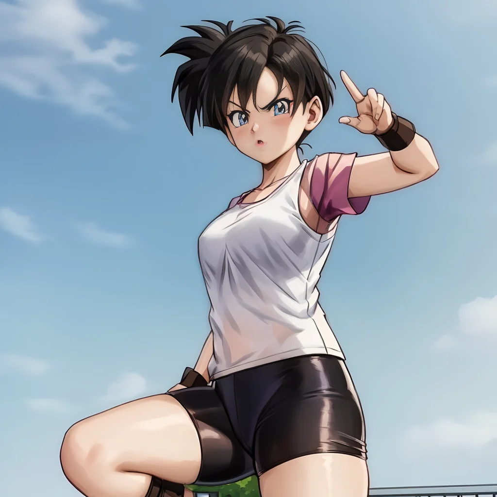 Videl, 1girl, anime screencap, highly detailed, 8k, masterpiece, best quality, spiked hair. biker shorts, looking at viewer, blue eyes, fight pose