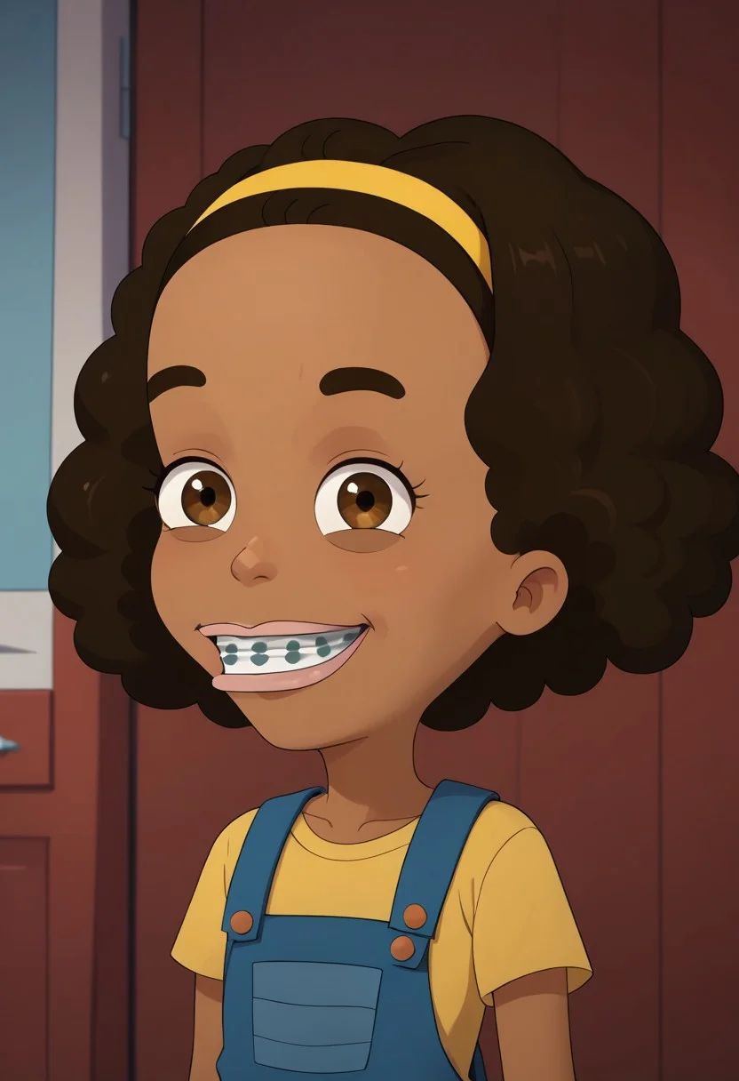 ((bedroom background)),score_9, score_8_up, score_7_up,score_6_up,
1girl, Solo, Missy_BM, medium-brown skin, light brown eyes, brown eyebrows, Voluminous curly hair, brown hair, dental braces, yellow headband, navy blue overalls, yellow shirt, brown sandals, cute, social smile, big eyes, sexy face, close-up, face photo, perfect eyes, perfect smile, looking at the viewer