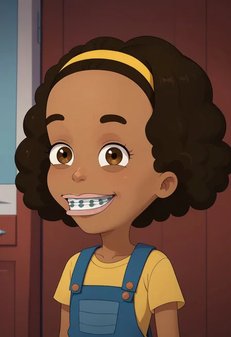 ((bedroom background)),score_9, score_8_up, score_7_up,score_6_up,
1girl, Solo, Missy_BM, medium-brown skin, light brown eyes, brown eyebrows, Voluminous curly hair, brown hair, dental braces, yellow headband, navy blue overalls, yellow shirt, brown sandals, cute, social smile, big eyes, sexy face, close-up, face photo, perfect eyes, perfect smile, looking at the viewer