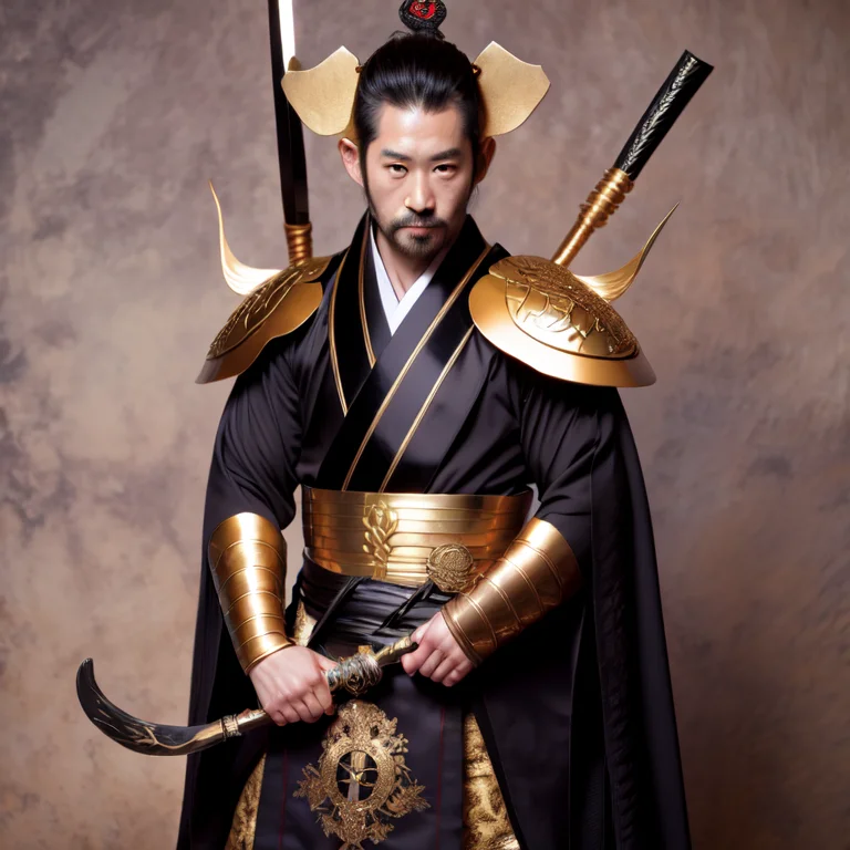 photo, man dressed in black and gold holding a sword (FantasyDaimyo style:1) <lora:djzFantasyDaimyoV21:0.8>
