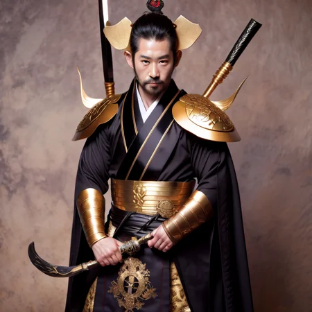 photo, man dressed in black and gold holding a sword (FantasyDaimyo style:1) <lora:djzFantasyDaimyoV21:0.8>