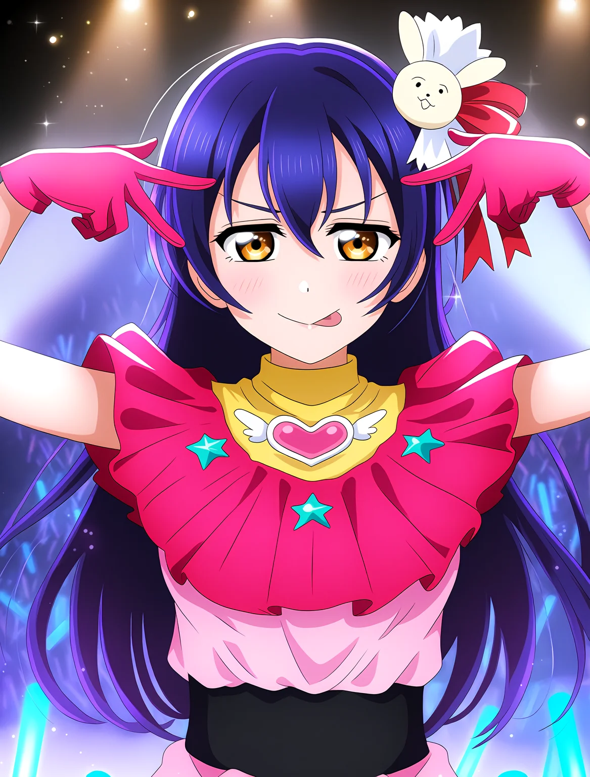 <lora:Koto-Umi-Riko-Shizu-Setsu-LLAS-NoobAIXLV10-V1:1> <lora:sdxl-boldline:-1.5> <lora:oshinokoparodyXL1:1.5:lbw=MIDD26:stop=20>
(llas:1.4), (masterpiece, very aesthetic, absurdres, very awa:1.4), highres, best quality, newest, perfect anatomy, perfect lighting, anime coloring BREAK
sparkle, light particles, light rays, rim lighting, depth of field, blurry background BREAK
1girl, solo, looking at viewer, (upper body) BREAK
(sonoda umi), yellow eyes, hoshino ai \(oshi no ko\) cosplay, (pink shirt, pink skirt, pink gloves:0.9) BREAK
big pupils, (detailed eyes:1.2), large breasts BREAK
stage, stage lights, blue glowstick BREAK
(oshinokoparody:1.5), tongue out, double v, v over eye, arms up, hoshino ai's poseâââ