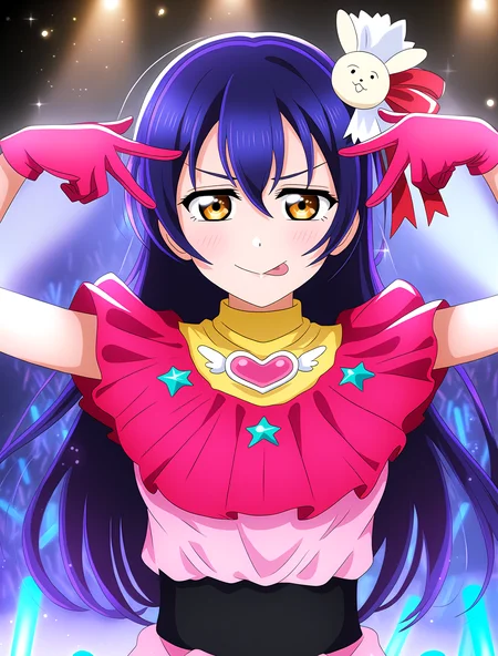 <lora:Koto-Umi-Riko-Shizu-Setsu-LLAS-NoobAIXLV10-V1:1> <lora:sdxl-boldline:-1.5> <lora:oshinokoparodyXL1:1.5:lbw=MIDD26:stop=20>
(llas:1.4), (masterpiece, very aesthetic, absurdres, very awa:1.4), highres, best quality, newest, perfect anatomy, perfect lighting, anime coloring BREAK
sparkle, light particles, light rays, rim lighting, depth of field, blurry background BREAK
1girl, solo, looking at viewer, (upper body) BREAK
(sonoda umi), yellow eyes, hoshino ai \(oshi no ko\) cosplay, (pink shirt, pink skirt, pink gloves:0.9) BREAK
big pupils, (detailed eyes:1.2), large breasts BREAK
stage, stage lights, blue glowstick BREAK
(oshinokoparody:1.5), tongue out, double v, v over eye, arms up, hoshino ai's poseâââ