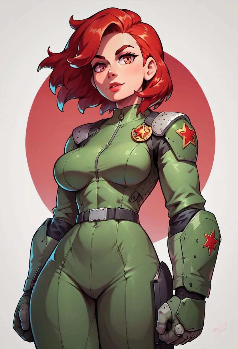 ZPDXL2, score_9, score_8_up, score_7_up, sovietpunkai, HD, high res, young lady, red hair, beautiful, beautiful eyes, medium hair, medium breasts, Soviet soldier girl, sexy, (power armor), green armor, huge pauldrons, no helmet, red stars on shoulders, (red five-pointed star symbol), dynamic pose
