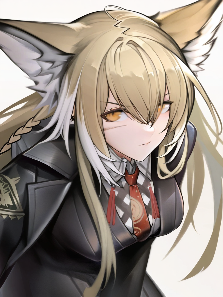masterpiece, best quality, very aesthetic, highres, absurdres,(miurahha, bacius, ririko \(fhnngririko\):0.4), <lora:vulpisfoglia_v2:1>,vulpisfoglia (arknights), 1girl, solo, scar_on_face,black coat, collared shirt