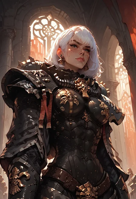 safe_pos, score_9, score_8_up, score_7_up, score_6_up,
rating_explicit, cartoonish, Kaye_BP, 1 girl, solo, tall, muscular, beautiful, white hair, hair tubes, freckles, hazel eyes, large breasts, confident, disgusted smirk, looking down at viewer, adepta sororitas, wh40k, battle sisters, power armor, black armor, pauldron, aesthetic, s1_dram,
gothic cathedral interior, sunset, glass stain window behind her, backlit
perfect human hands, feminine hands
Sororitas, s0r0r1t@s, power armour, armor, shoulder armor, power armor,close up shot, from below