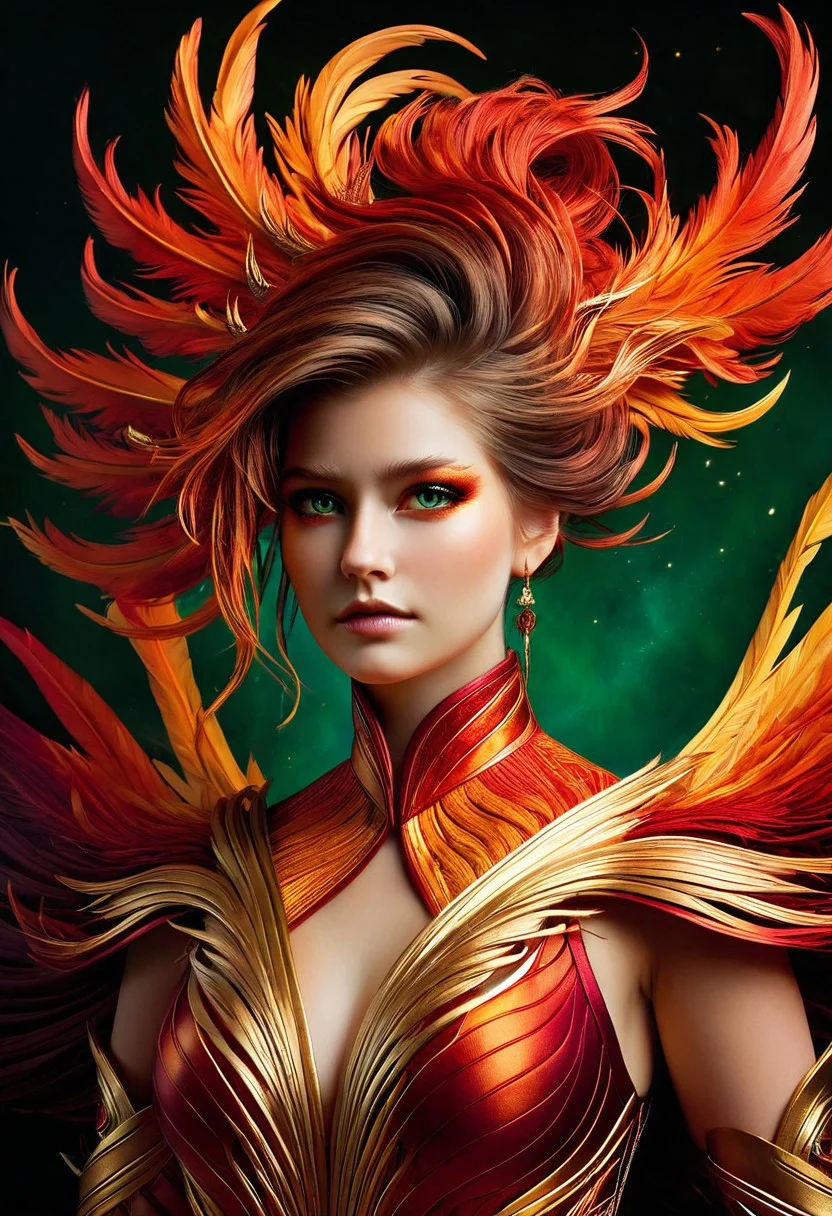A young woman with porcelain skin and piercing green eyes, dressed in a phoenix-inspired outfit, hyper-realistic style, with intricate, fiery feathers and golden accents adorning her upper body, set against a dark, gradient background with soft, warm lighting, highlighting the subtle textures of her clothing and skin, in the style of digital painting with ultra-detailed, 4K quality.